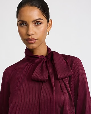 Satin Striped Tie Neck Long Sleeve Top