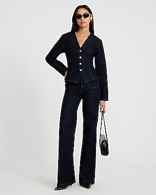 Denim V-Neck Long Sleeve Button Front Top