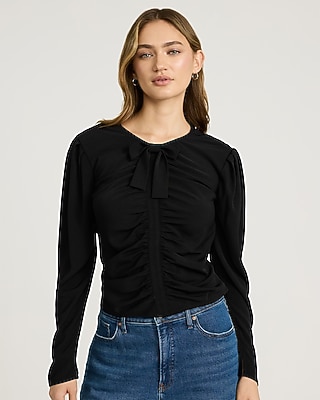 Puff Sleeve Bow Front Ruched Top