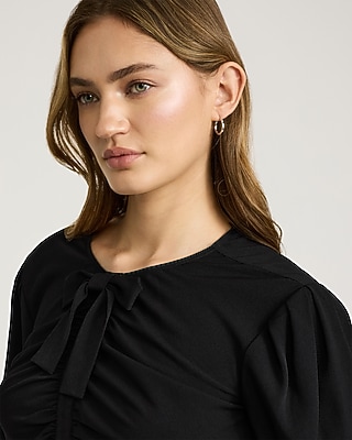 Puff Sleeve Bow Front Ruched Top