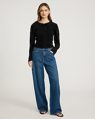 Puff Sleeve Bow Front Ruched Top