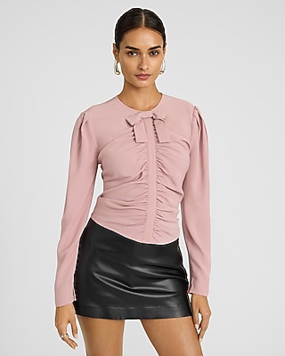 Puff Sleeve Bow Front Ruched Top