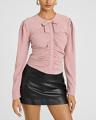Puff Sleeve Bow Front Ruched Top