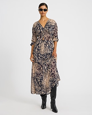 Floral Chiffon V-Neck Long Sleeve Button Front Top
