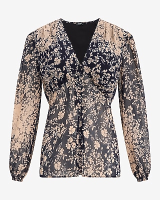 Floral Chiffon V-Neck Long Sleeve Button Front Top