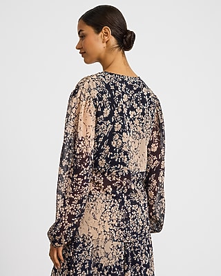 Floral Chiffon V-Neck Long Sleeve Button Front Top