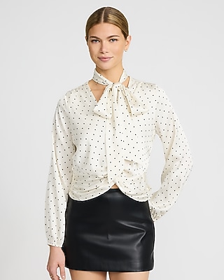 Polka Dot Satin Tie Neck Draped Top - image 4