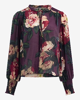 Floral Sheer Textured Tie Front V-Neck Long Sleeve Top