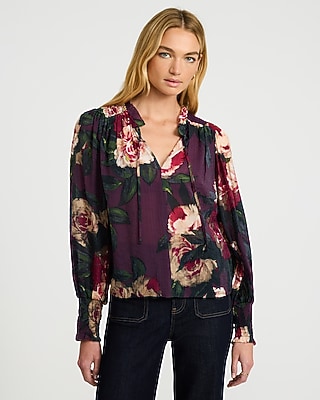 Floral Sheer Textured Tie Front V-Neck Long Sleeve Top