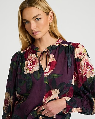 Floral Sheer Textured Tie Front V-Neck Long Sleeve Top