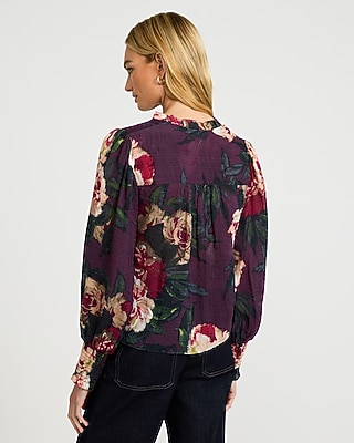 Floral Sheer Textured Tie Front V-Neck Long Sleeve Top