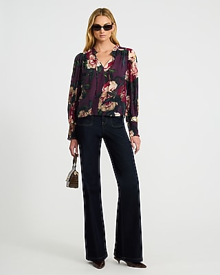 Floral Sheer Textured Tie Front V-Neck Long Sleeve Top