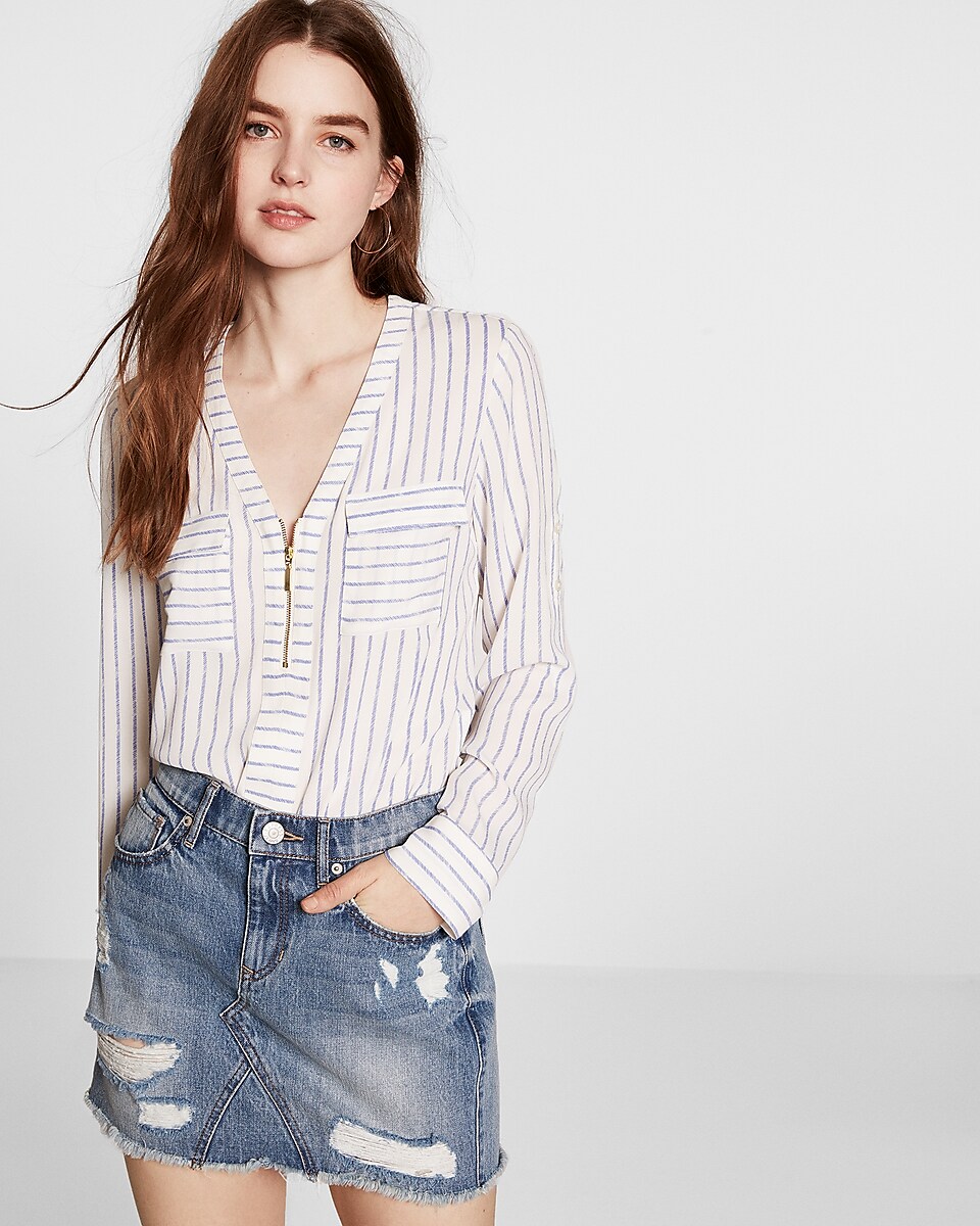 Petite Striped Long Sleeve Zip Front Blouse | Express
