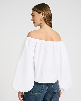 Poplin Off The Shoulder Long Sleeve Top in White - image 2