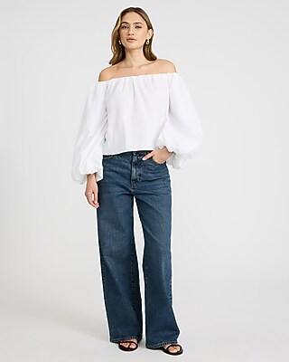 Poplin Off The Shoulder Long Sleeve Top in White - image 3