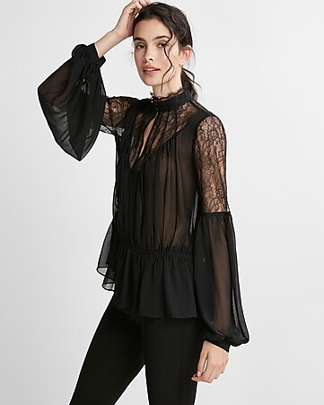 Pieced Lace Long Sleeve Blouse | Express