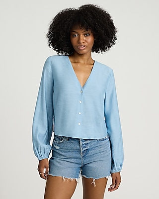 Textured Slub V-neck Long Sleeve Shirt | Express