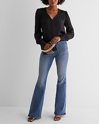 Satin V-Neck Cuff Sleeve Top
