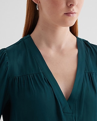Satin V-Neck Cuff Sleeve Top