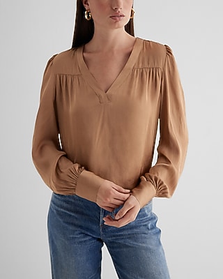 Satin V-Neck Cuff Sleeve Top