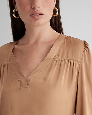 Satin V-Neck Cuff Sleeve Top