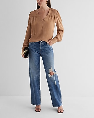 Satin V-Neck Cuff Sleeve Top