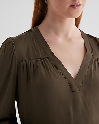 Satin V-Neck Cuff Sleeve Top