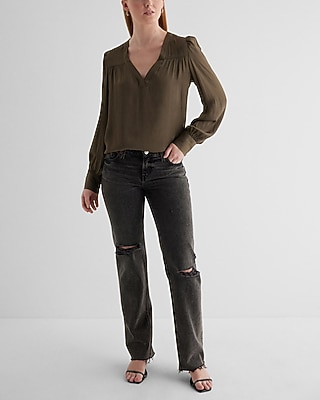 Satin V-Neck Cuff Sleeve Top