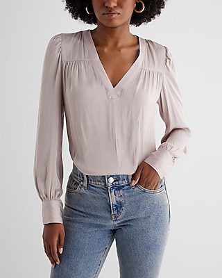 Satin V-Neck Cuff Sleeve Top