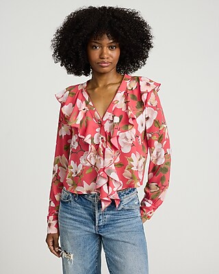 Floral Ruffle Front Long Sleeve Top