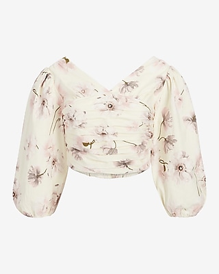 Poppies Print Linen-Blend Ruched Cropped Top