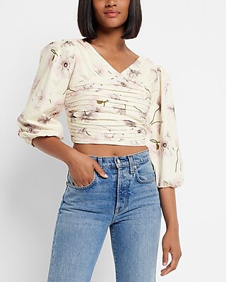 Poppies Print Linen-Blend Ruched Cropped Top