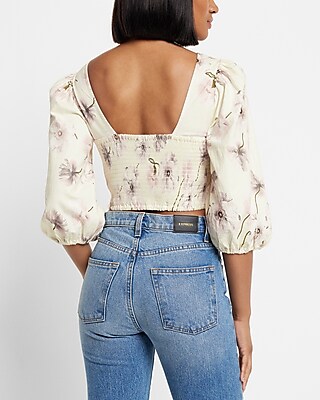 Poppies Print Linen-Blend Ruched Cropped Top