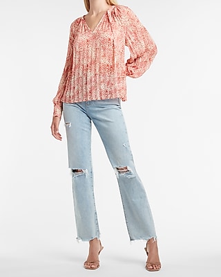 printed pleated oversized tie blouse