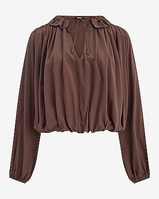 Tie Front V-Neck Long Sleeve Ruched Top