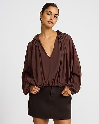 Tie Front V-Neck Long Sleeve Ruched Top
