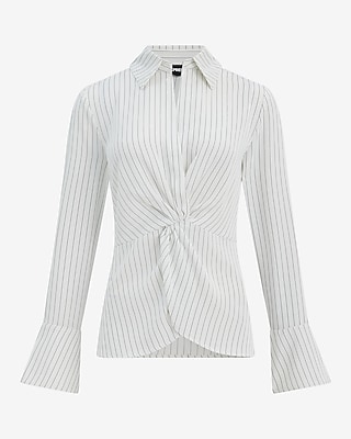 Striped Collared Flare Sleeve Twist Front Top