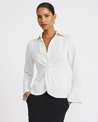 Striped Collared Flare Sleeve Twist Front Top