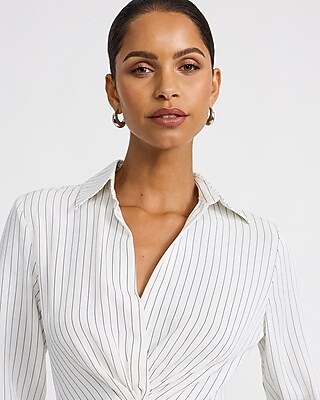 Striped Collared Flare Sleeve Twist Front Top