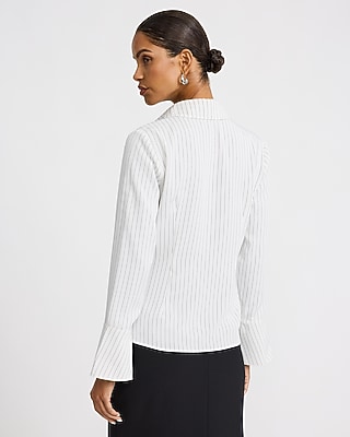 Striped Collared Flare Sleeve Twist Front Top