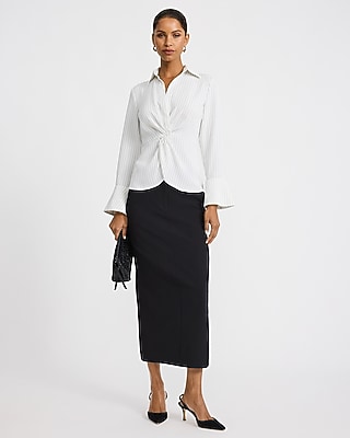 Striped Collared Flare Sleeve Twist Front Top