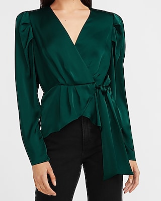 Satin Pleated Sleeve Wrap Front Bow Top