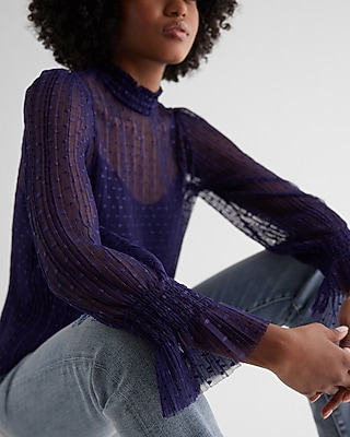 Sheer Dot Mock Neck Smocked Cuff Top - image 2