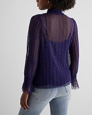 Sheer Dot Mock Neck Smocked Cuff Top - image 4