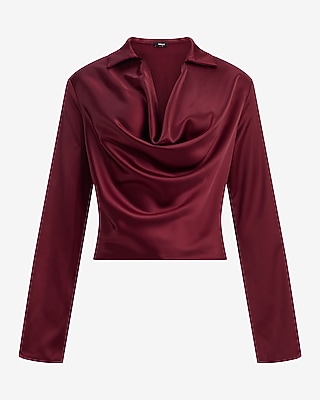 Satin Collared Cowl Neck Long Sleeve Top