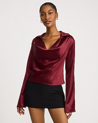 Satin Collared Cowl Neck Long Sleeve Top