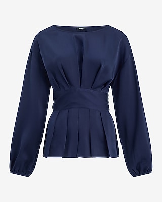 Satin Boat Neck Long Sleeve Pleated Top