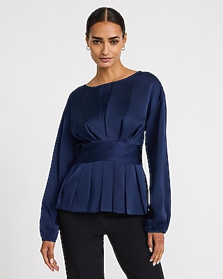 Satin Boat Neck Long Sleeve Pleated Top