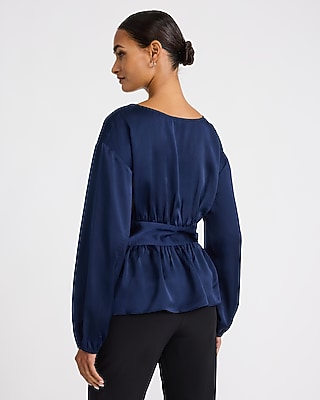Satin Boat Neck Long Sleeve Pleated Top