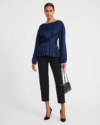 Satin Boat Neck Long Sleeve Pleated Top